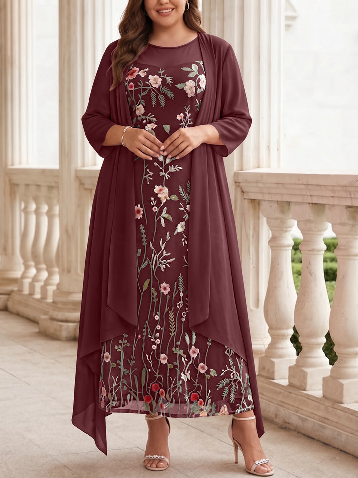 2 Pieces A-Line/Princess Scoop Chiffon Plus Size Mother of the Bride Dresses with Jacket Long Sleeves Ankle-Length Lace Floral