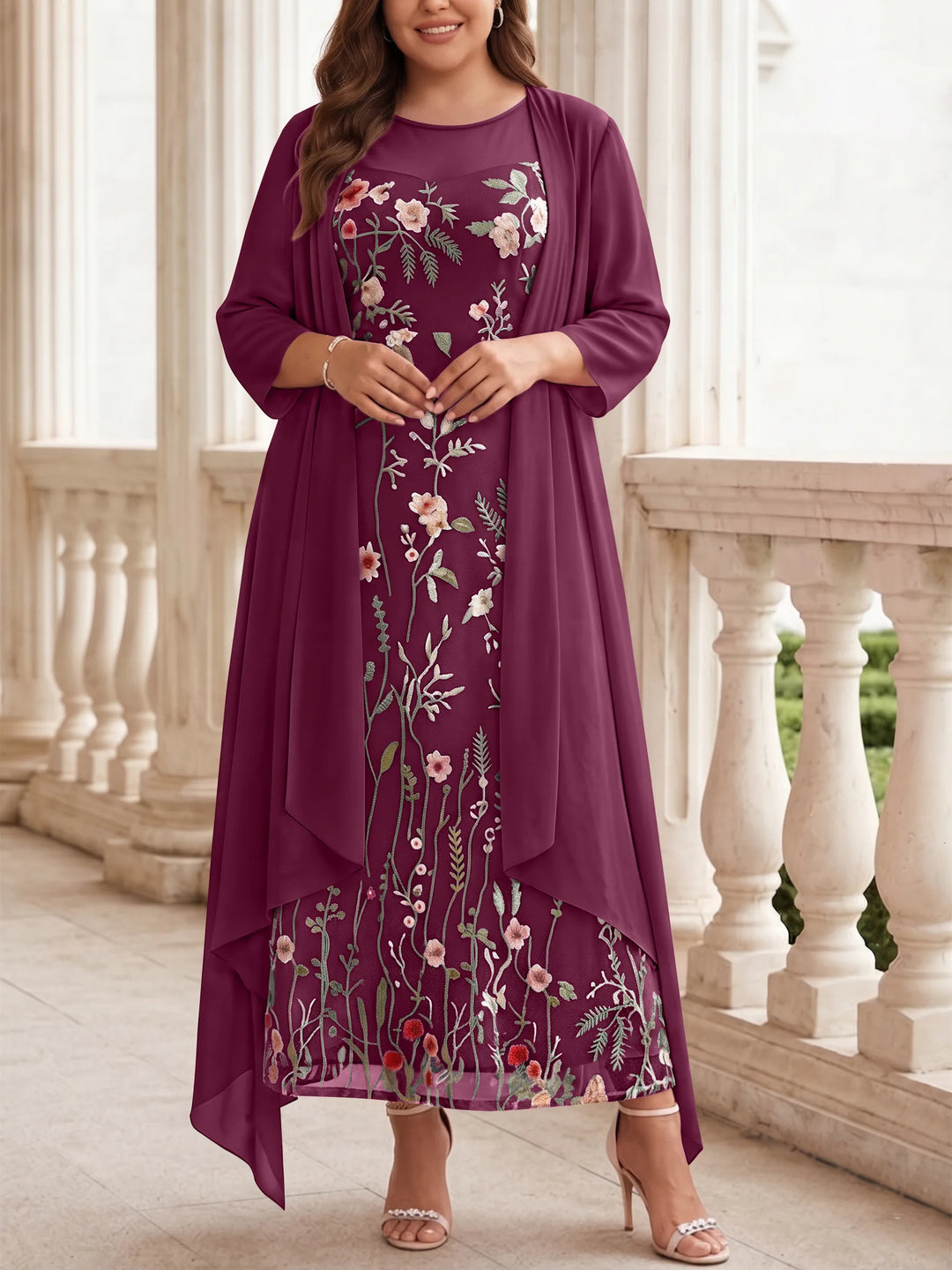 2 Pieces A-Line/Princess Scoop Chiffon Plus Size Mother of the Bride Dresses with Jacket Long Sleeves Ankle-Length Lace Floral