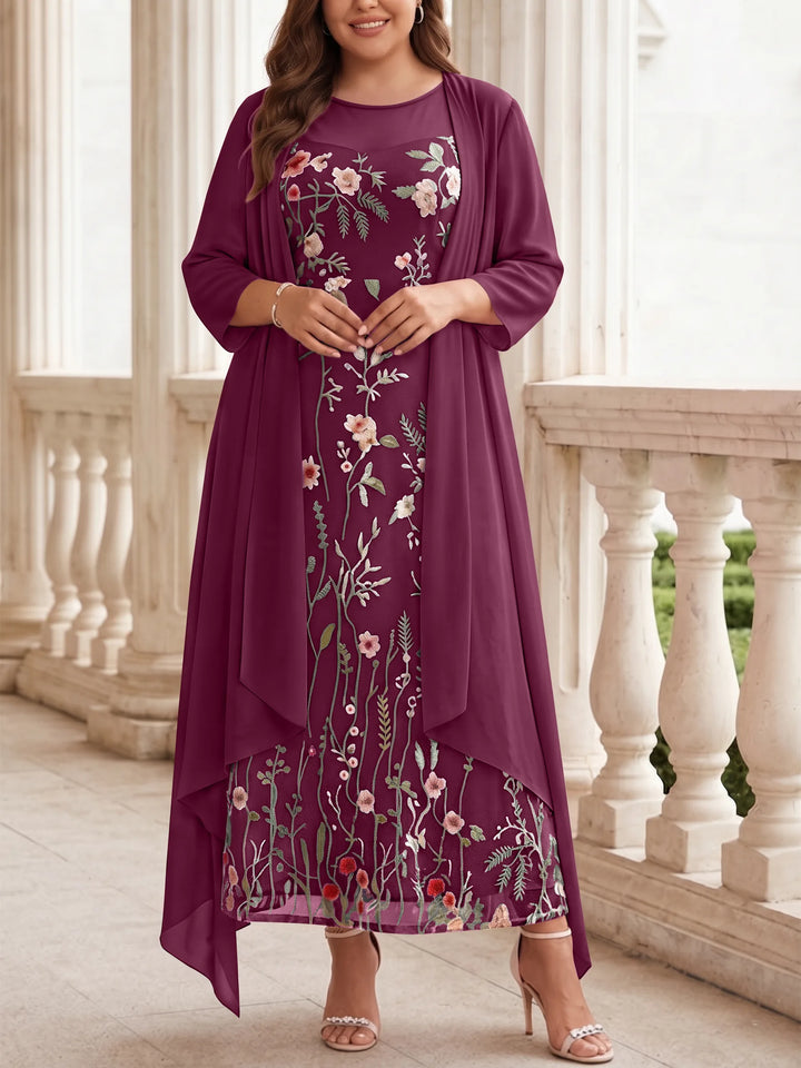 2 Pieces A-Line/Princess Scoop Chiffon Plus Size Mother of the Bride Dresses with Jacket Long Sleeves Ankle-Length Lace Floral