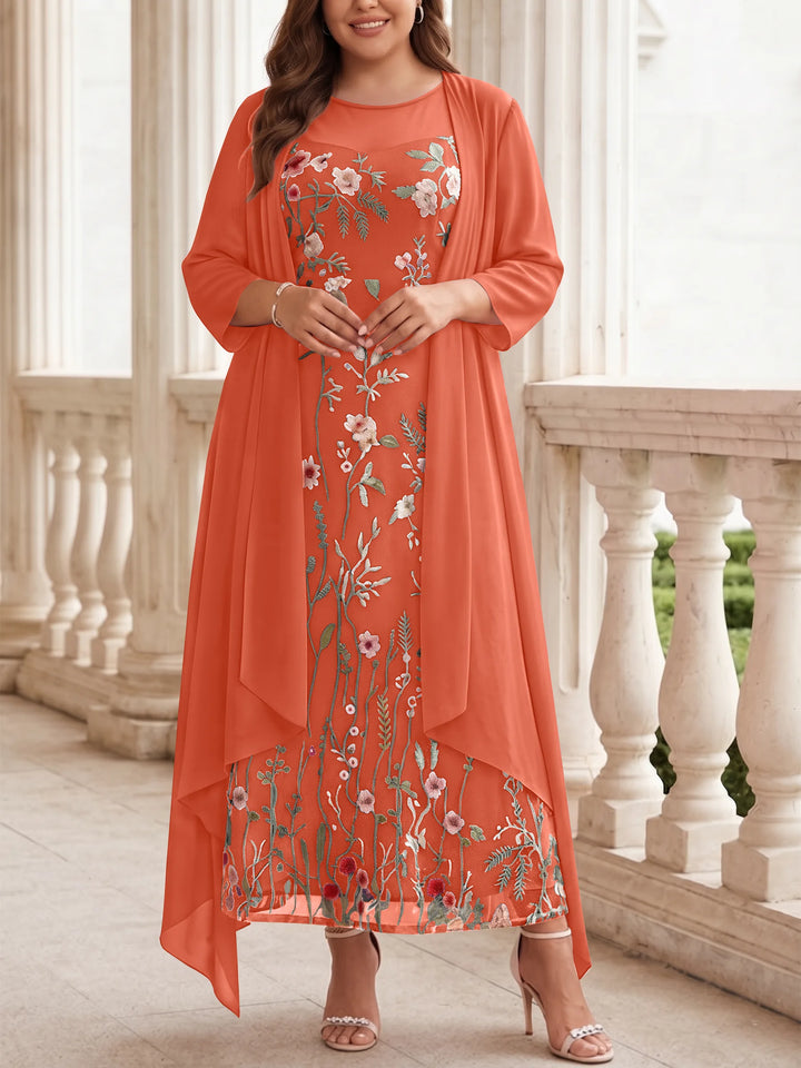 2 Pieces A-Line/Princess Scoop Chiffon Plus Size Mother of the Bride Dresses with Jacket Long Sleeves Ankle-Length Lace Floral