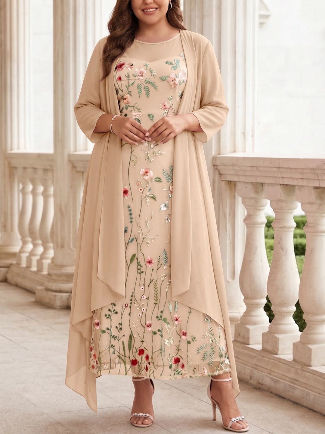 2 Pieces A-Line/Princess Scoop Chiffon Plus Size Mother of the Bride Dresses with Jacket Long Sleeves Ankle-Length Lace Floral