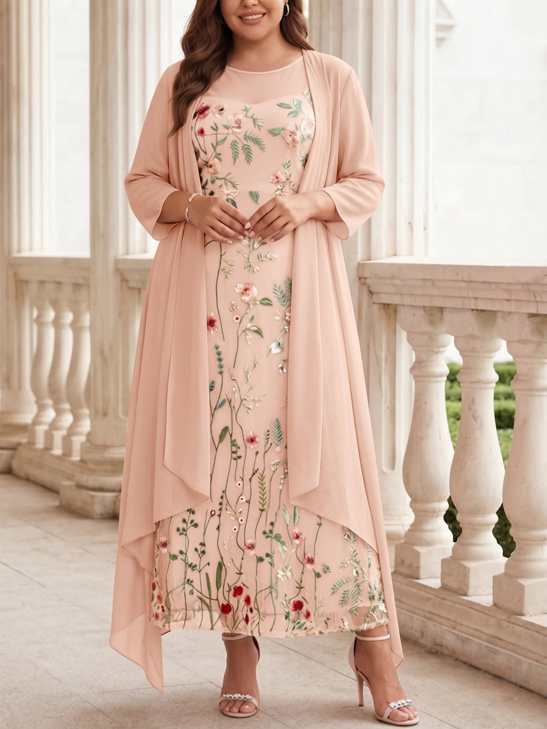 2 Pieces A-Line/Princess Scoop Chiffon Plus Size Mother of the Bride Dresses with Jacket Long Sleeves Ankle-Length Lace Floral