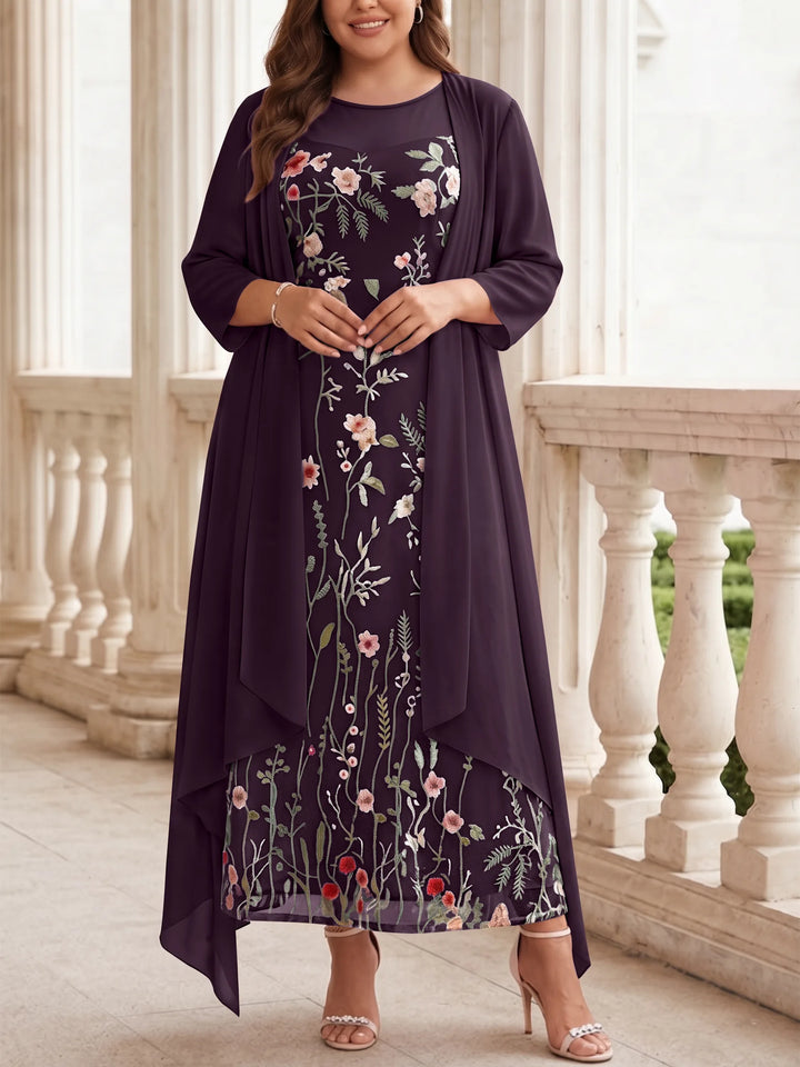 2 Pieces A-Line/Princess Scoop Chiffon Plus Size Mother of the Bride Dresses with Jacket Long Sleeves Ankle-Length Lace Floral
