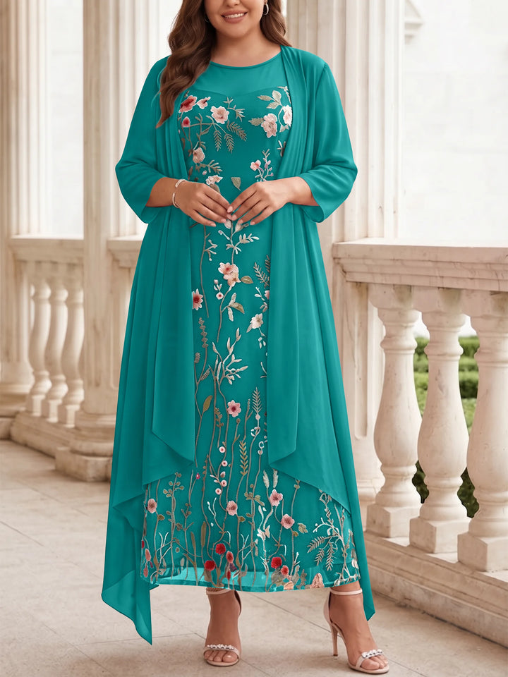 2 Pieces A-Line/Princess Scoop Chiffon Plus Size Mother of the Bride Dresses with Jacket Long Sleeves Ankle-Length Lace Floral
