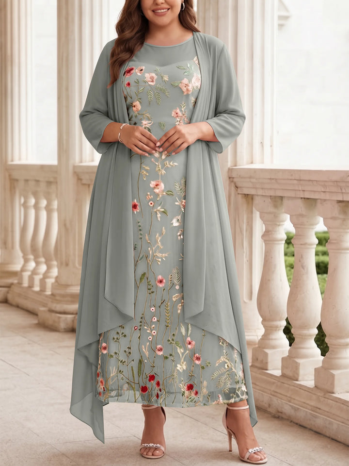 2 Pieces A-Line/Princess Scoop Chiffon Plus Size Mother of the Bride Dresses with Jacket Long Sleeves Ankle-Length Lace Floral
