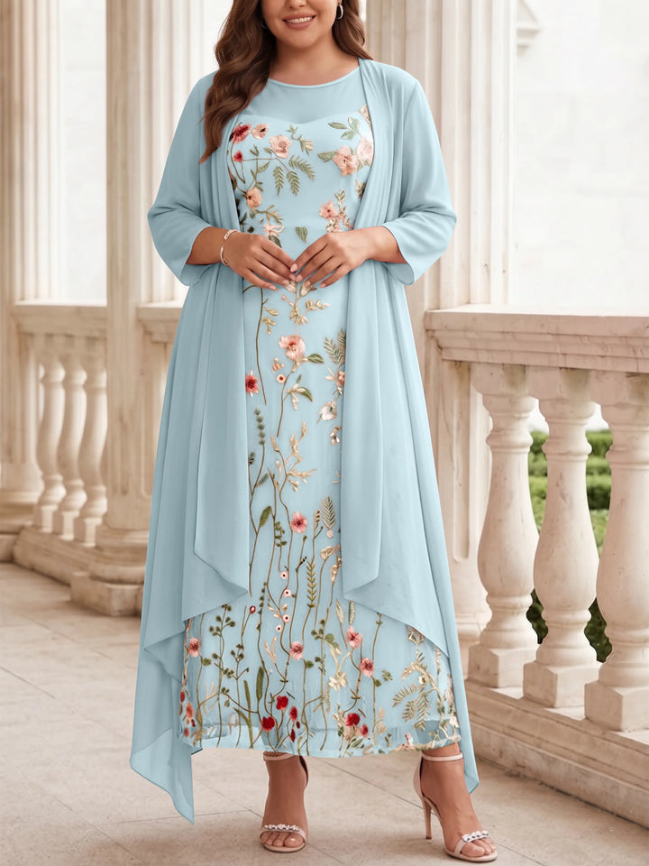 2 Pieces A-Line/Princess Scoop Chiffon Plus Size Mother of the Bride Dresses with Jacket Long Sleeves Ankle-Length Lace Floral