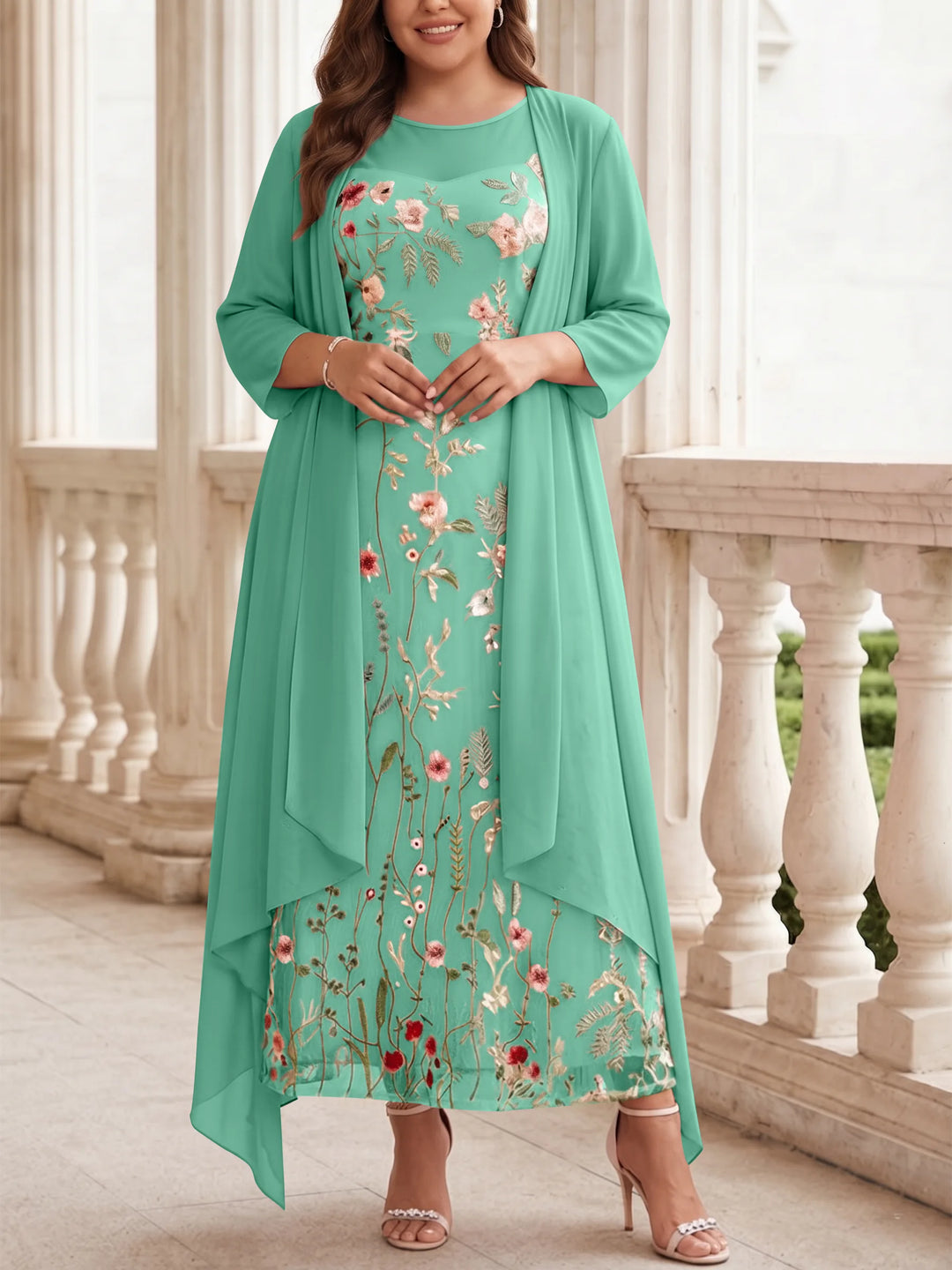 2 Pieces A-Line/Princess Scoop Chiffon Plus Size Mother of the Bride Dresses with Jacket Long Sleeves Ankle-Length Lace Floral