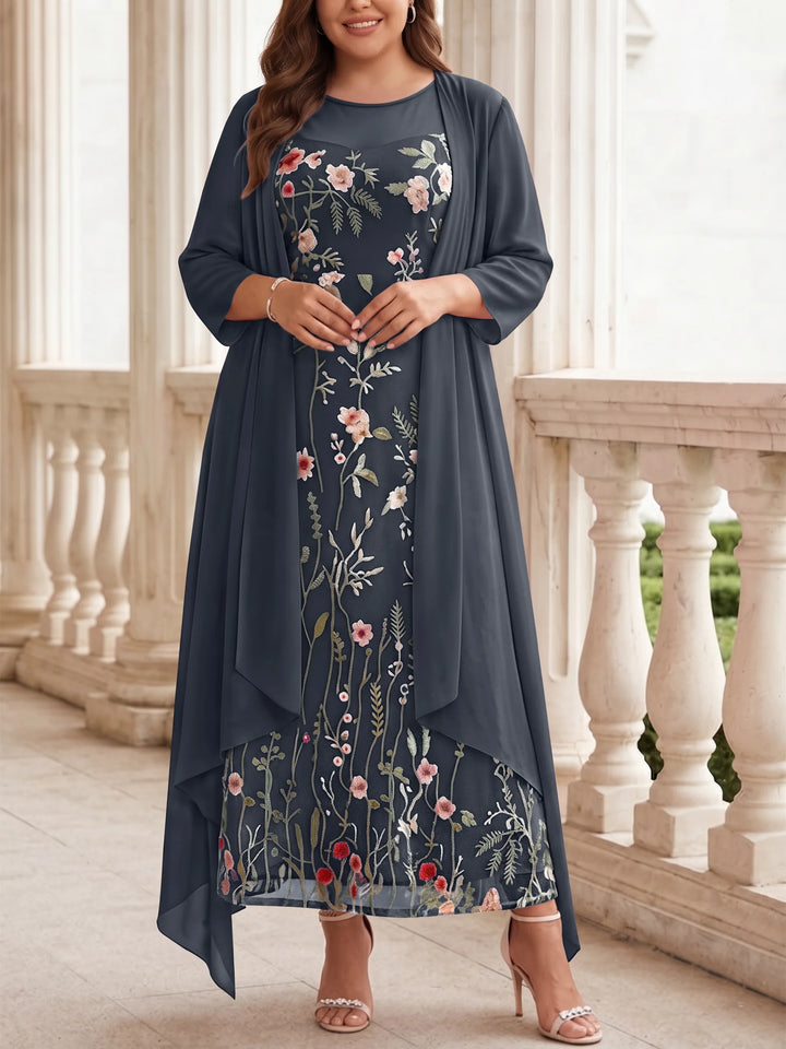2 Pieces A-Line/Princess Scoop Chiffon Plus Size Mother of the Bride Dresses with Jacket Long Sleeves Ankle-Length Lace Floral