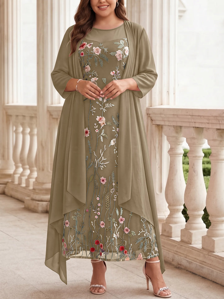 2 Pieces A-Line/Princess Scoop Chiffon Plus Size Mother of the Bride Dresses with Jacket Long Sleeves Ankle-Length Lace Floral