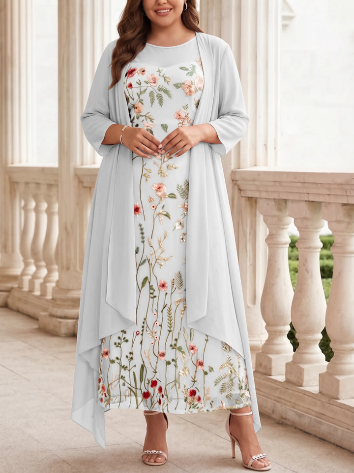 2 Pieces A-Line/Princess Scoop Chiffon Plus Size Mother of the Bride Dresses with Jacket Long Sleeves Ankle-Length Lace Floral