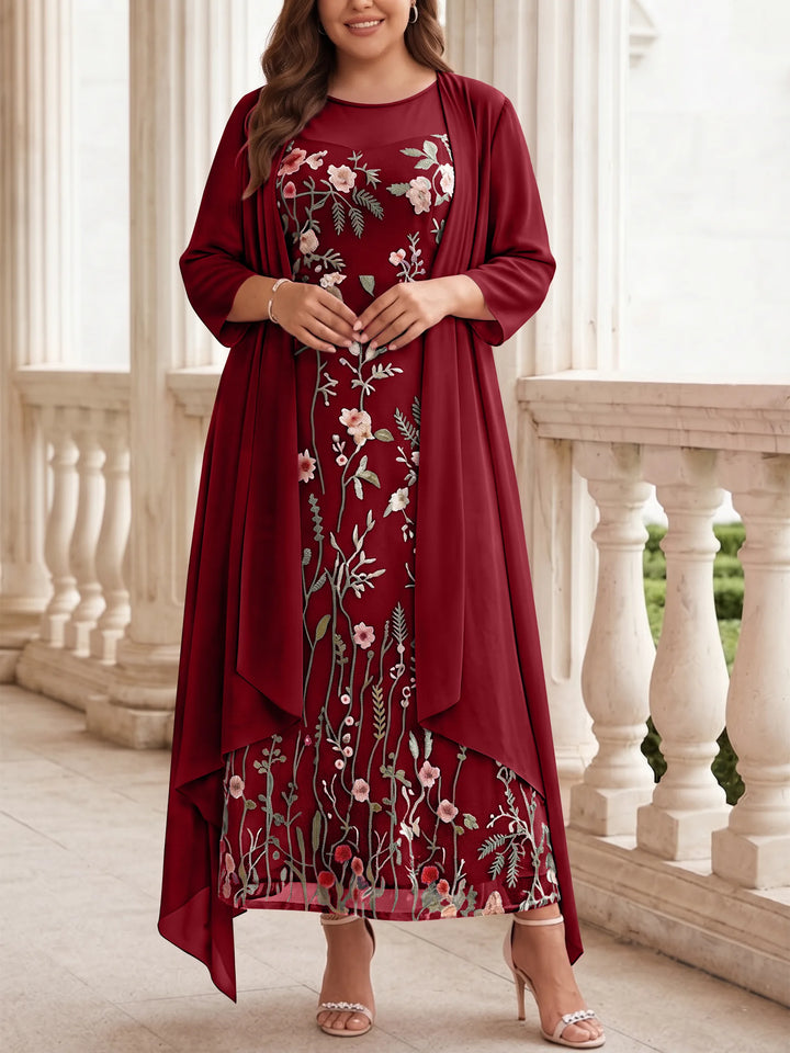 2 Pieces A-Line/Princess Scoop Chiffon Plus Size Mother of the Bride Dresses with Jacket Long Sleeves Ankle-Length Lace Floral