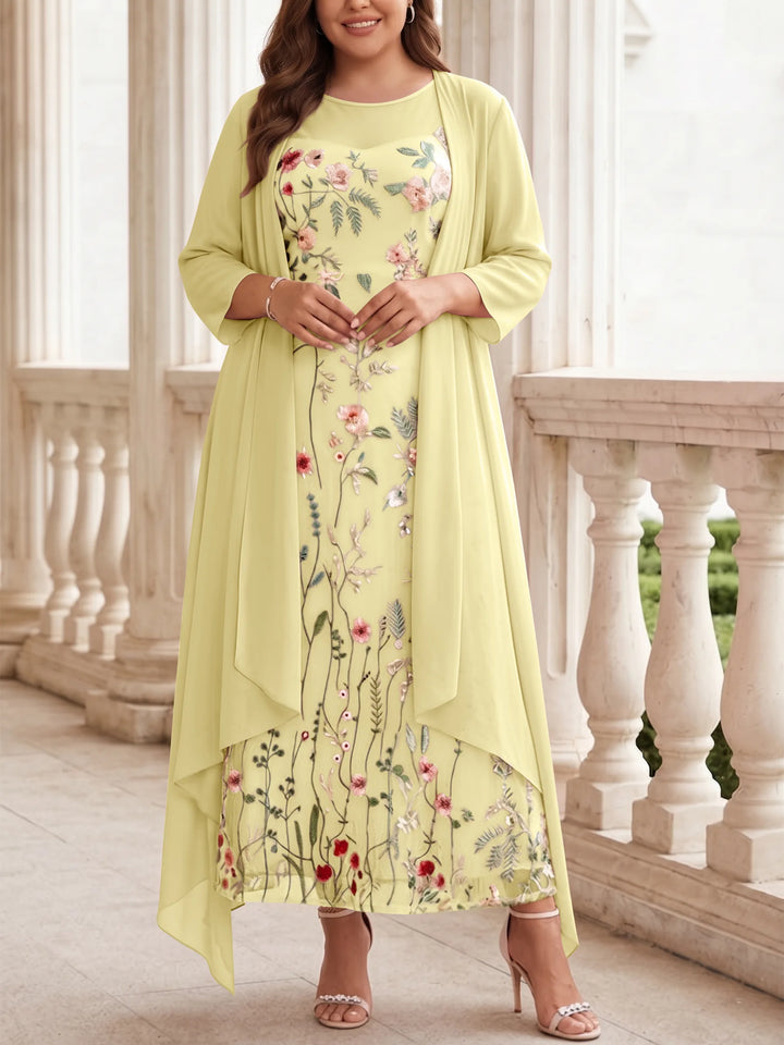 2 Pieces A-Line/Princess Scoop Chiffon Plus Size Mother of the Bride Dresses with Jacket Long Sleeves Ankle-Length Lace Floral