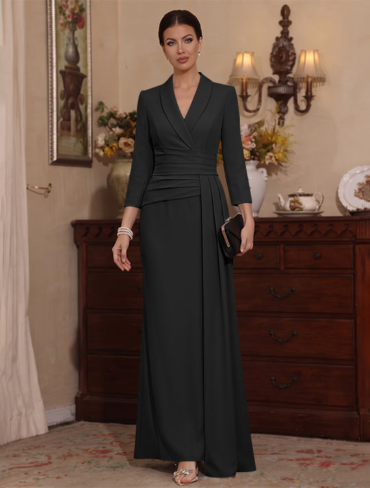 Sheath/Column V-Neck Stretch Satin Mother Of The Bride Dresses with Watteau Train 3/4 Sleeves Ankle-Length