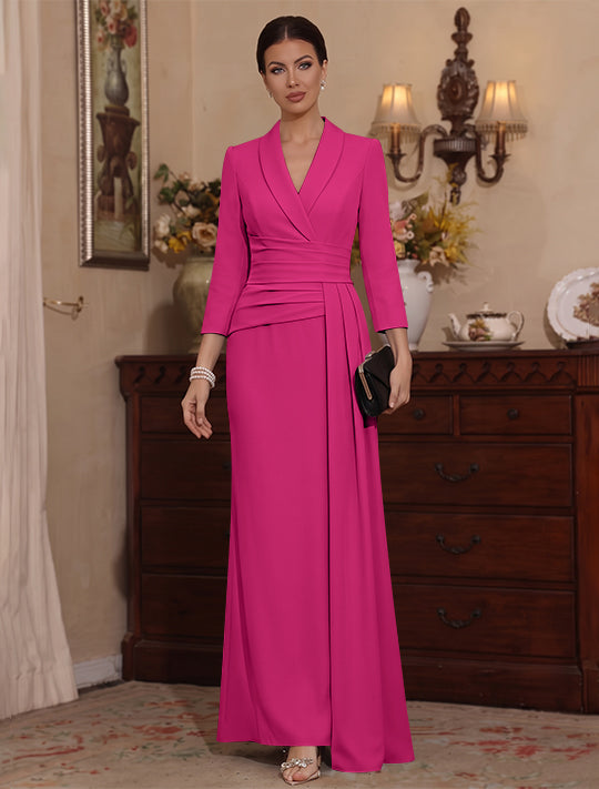 Sheath/Column V-Neck Stretch Satin Mother Of The Bride Dresses with Watteau Train 3/4 Sleeves Ankle-Length