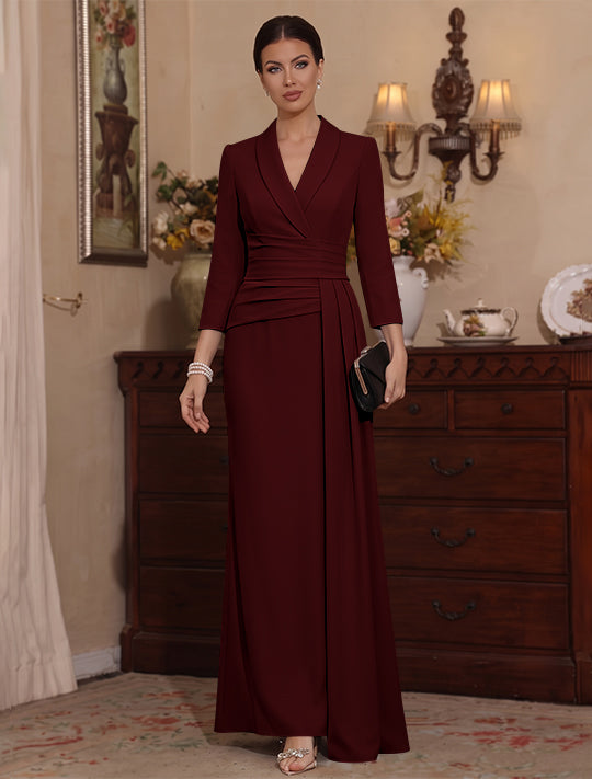 Sheath/Column V-Neck Stretch Satin Mother Of The Bride Dresses with Watteau Train 3/4 Sleeves Ankle-Length
