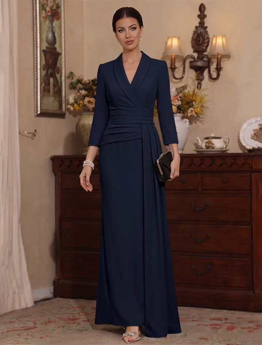 Sheath/Column V-Neck Stretch Satin Mother Of The Bride Dresses with Watteau Train 3/4 Sleeves Ankle-Length