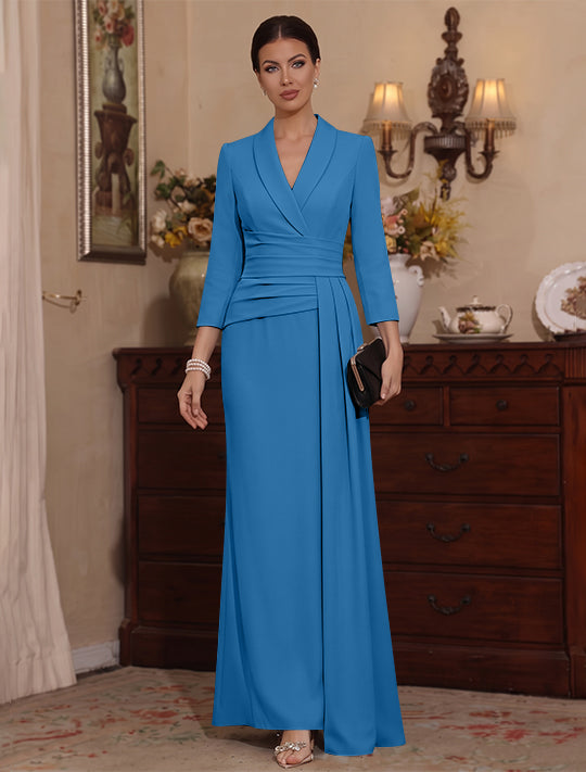 Sheath/Column V-Neck Stretch Satin Mother Of The Bride Dresses with Watteau Train 3/4 Sleeves Ankle-Length