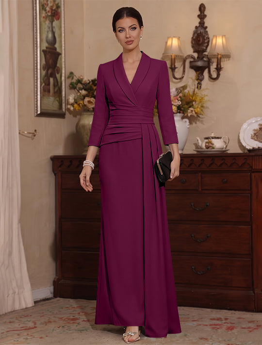 Sheath/Column V-Neck Stretch Satin Mother Of The Bride Dresses with Watteau Train 3/4 Sleeves Ankle-Length