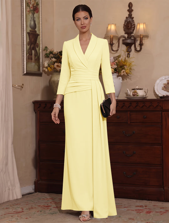 Sheath/Column V-Neck Stretch Satin Mother Of The Bride Dresses with Watteau Train 3/4 Sleeves Ankle-Length