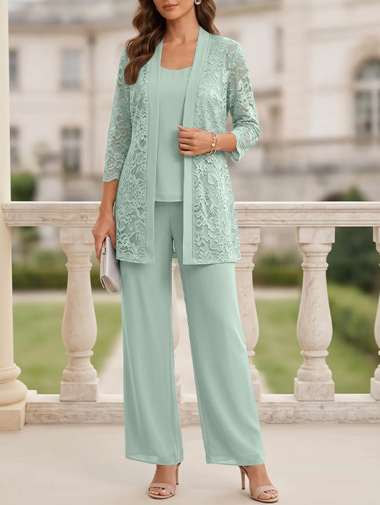 3 Pieces Suit Scoop Chiffon Mother of the Bride Pantsuits with Jacket 3/4 Sleeves Lace Floor-Length