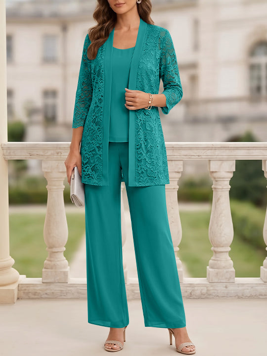 3 Pieces Suit Scoop Chiffon Mother of the Bride Pantsuits with Jacket 3/4 Sleeves Lace Floor-Length