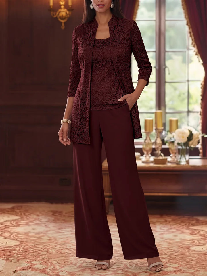 3 Pieces Suit Scoop Chiffon Mother of the Bride Pantsuits with Jacket 3/4 Sleeves Lace Ankle-Length