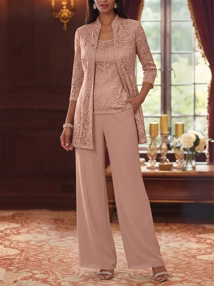 3 Pieces Suit Scoop Chiffon Mother of the Bride Pantsuits with Jacket 3/4 Sleeves Lace Ankle-Length