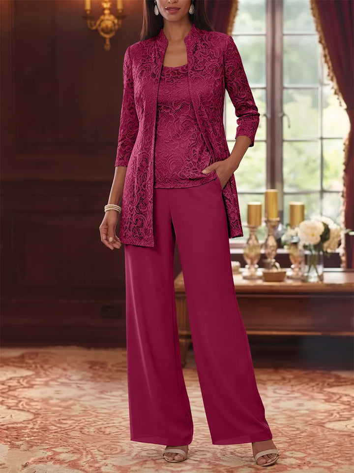 3 Pieces Suit Scoop Chiffon Mother of the Bride Pantsuits with Jacket 3/4 Sleeves Lace Ankle-Length