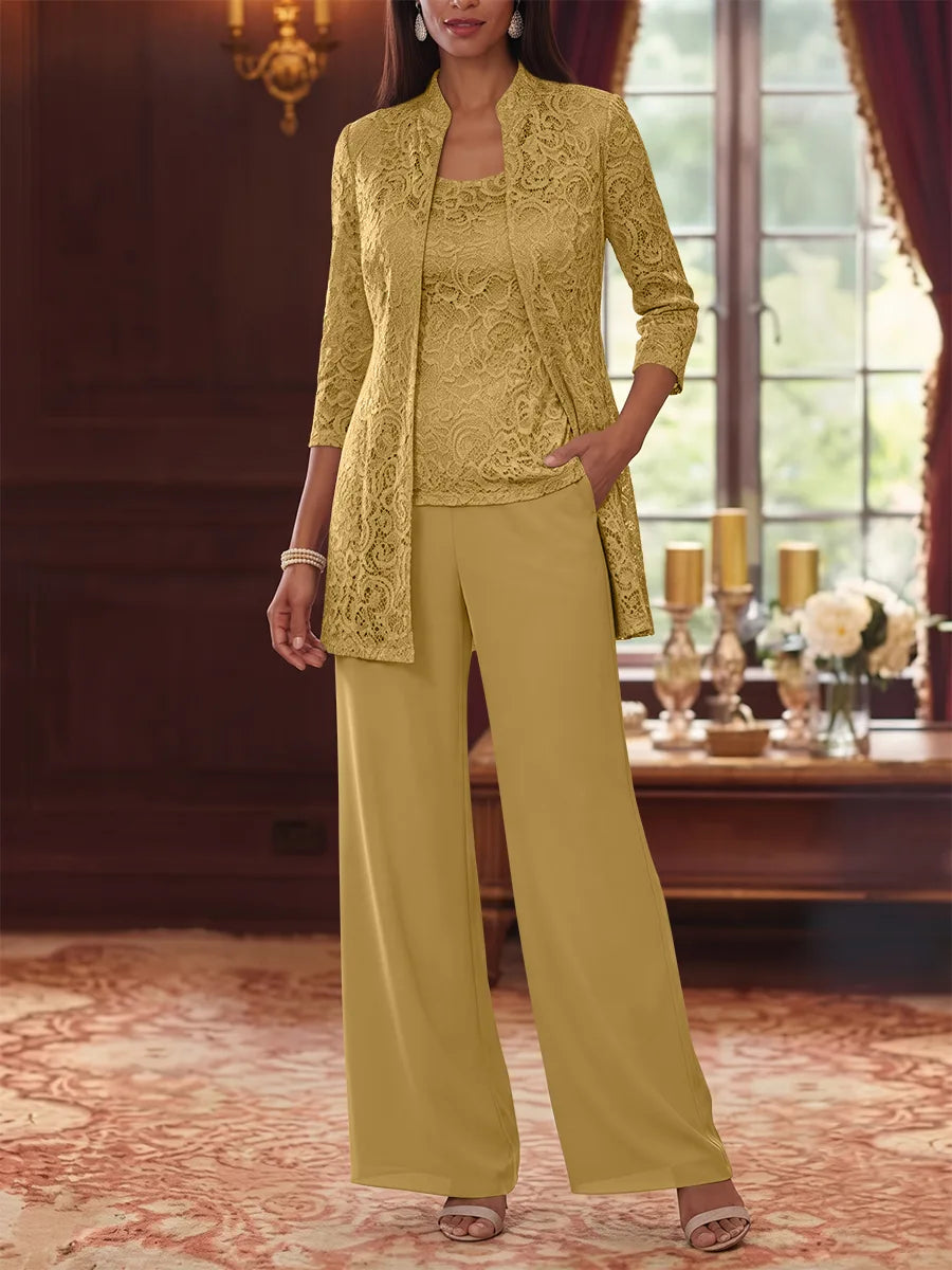 3 Pieces Suit Scoop Chiffon Mother of the Bride Pantsuits with Jacket 3/4 Sleeves Lace Ankle-Length