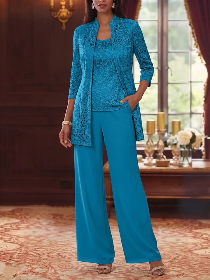 3 Pieces Suit Scoop Chiffon Mother of the Bride Pantsuits with Jacket 3/4 Sleeves Lace Ankle-Length