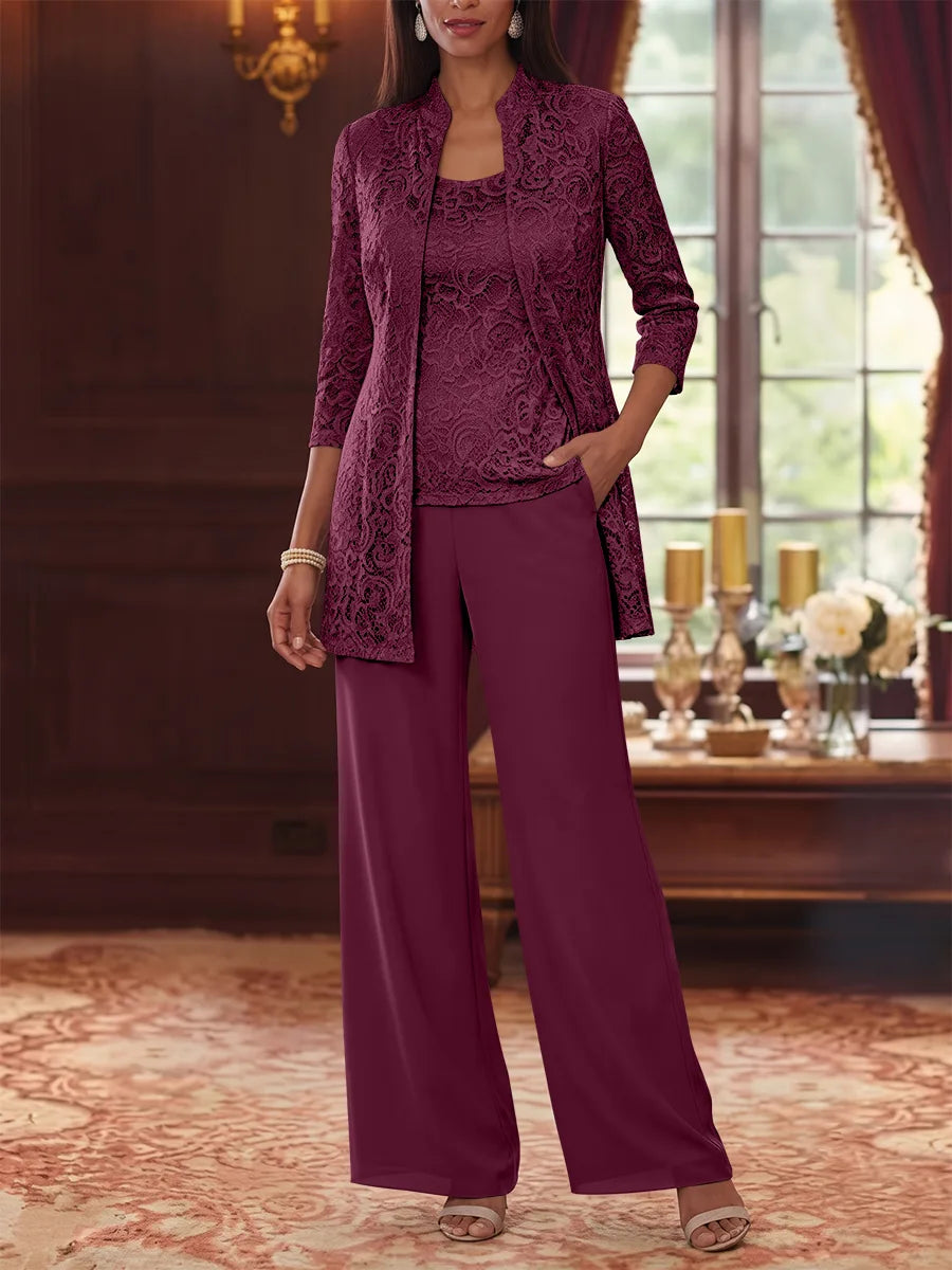 3 Pieces Suit Scoop Chiffon Mother of the Bride Pantsuits with Jacket 3/4 Sleeves Lace Ankle-Length