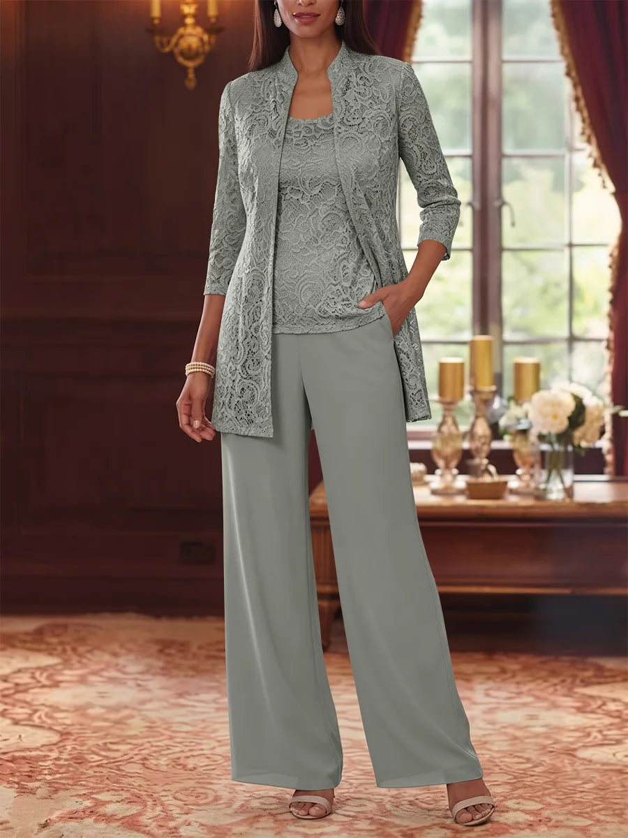 3 Pieces Suit Scoop Chiffon Mother of the Bride Pantsuits with Jacket 3/4 Sleeves Lace Ankle-Length