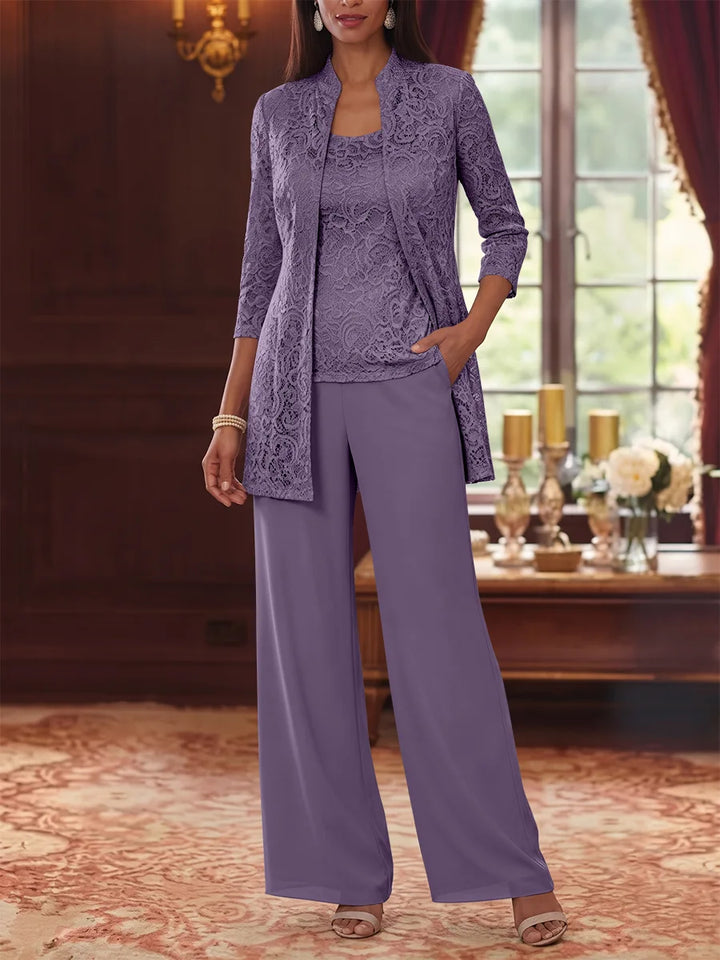 3 Pieces Suit Scoop Chiffon Mother of the Bride Pantsuits with Jacket 3/4 Sleeves Lace Ankle-Length