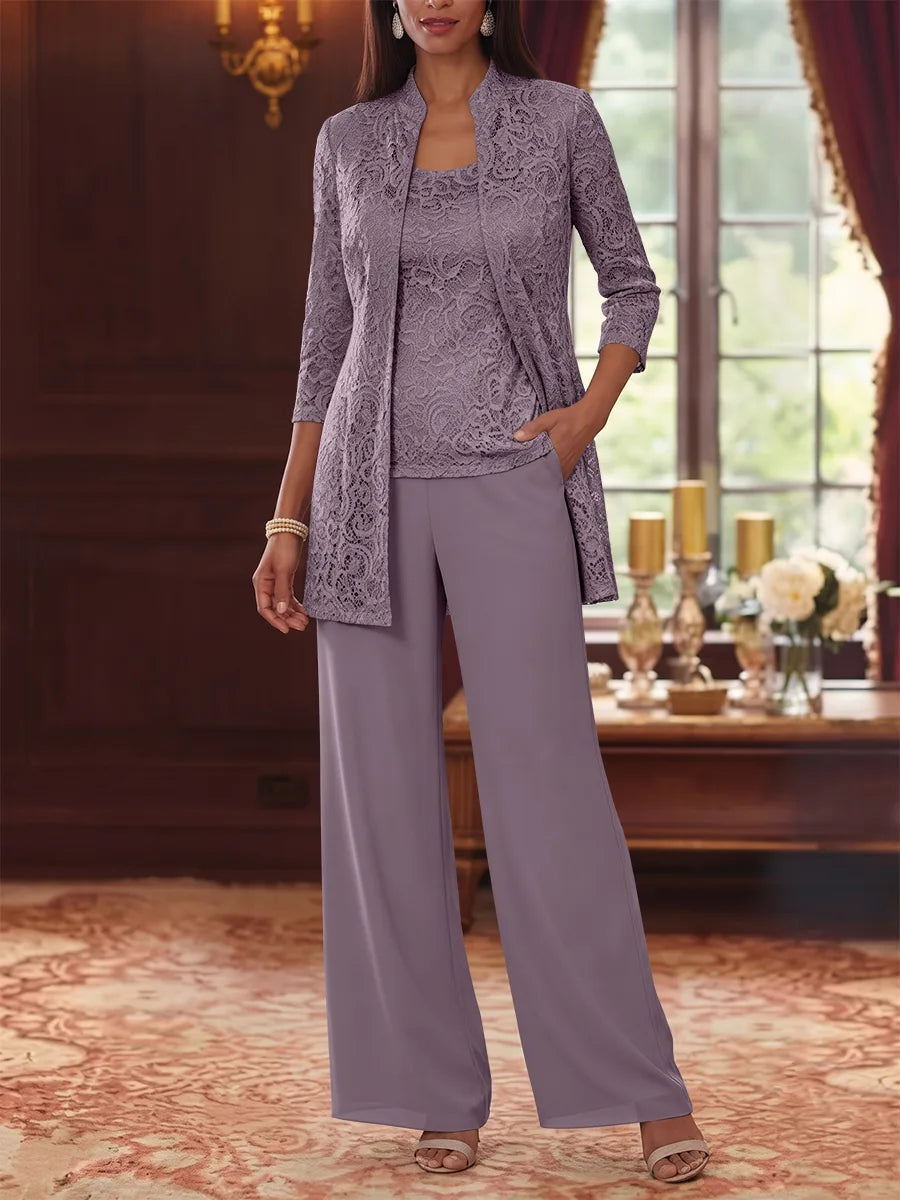 3 Pieces Suit Scoop Chiffon Mother of the Bride Pantsuits with Jacket 3/4 Sleeves Lace Ankle-Length