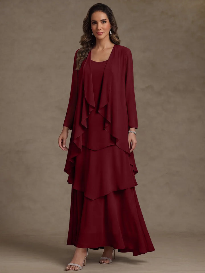 A-Line/Princess Scoop Chiffon Mother of the Bride Dresses with Jacket & Ruffles Long Sleeves Ankle-Length