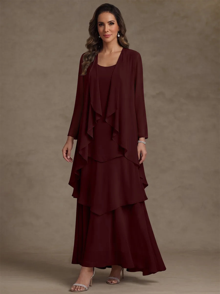 A-Line/Princess Scoop Chiffon Mother of the Bride Dresses with Jacket & Ruffles Long Sleeves Ankle-Length