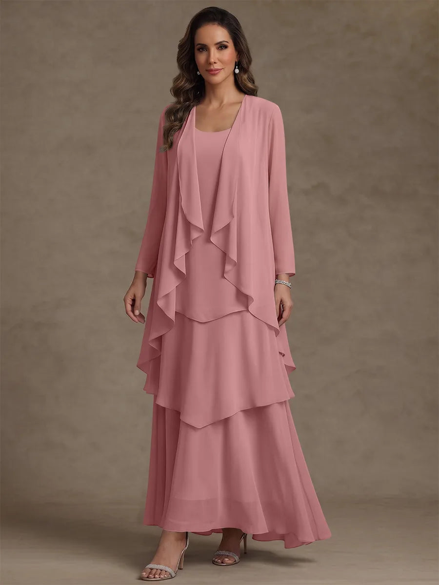 A-Line/Princess Scoop Chiffon Mother of the Bride Dresses with Jacket & Ruffles Long Sleeves Ankle-Length