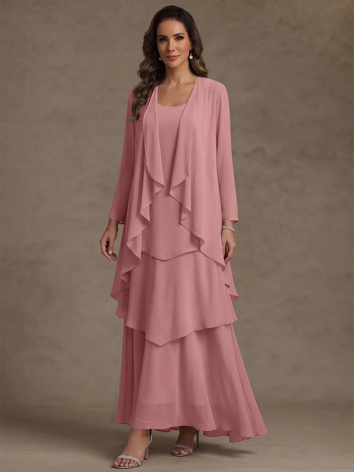 A-Line/Princess Scoop Chiffon Mother of the Bride Dresses with Jacket & Ruffles Long Sleeves Ankle-Length