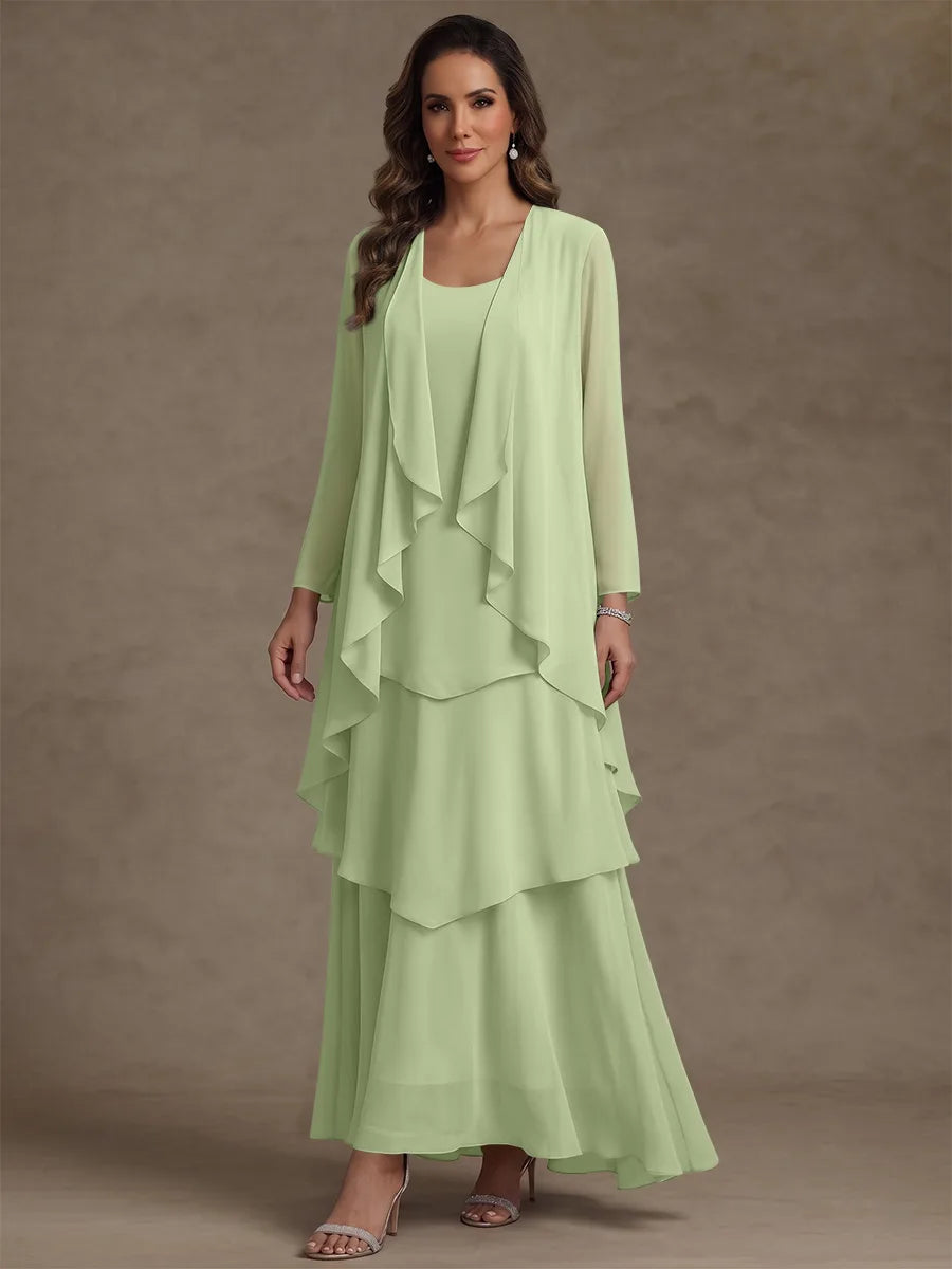 A-Line/Princess Scoop Chiffon Mother of the Bride Dresses with Jacket & Ruffles Long Sleeves Ankle-Length