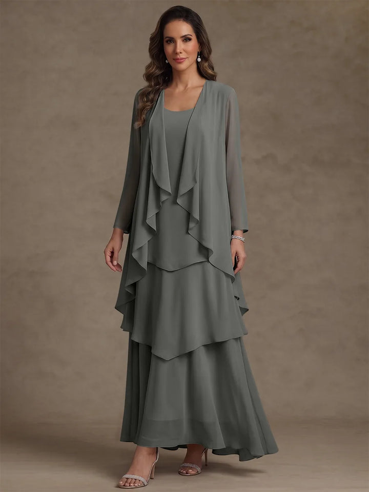 A-Line/Princess Scoop Chiffon Mother of the Bride Dresses with Jacket & Ruffles Long Sleeves Ankle-Length
