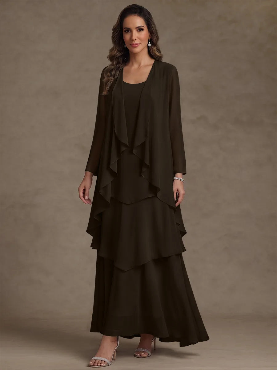 A-Line/Princess Scoop Chiffon Mother of the Bride Dresses with Jacket & Ruffles Long Sleeves Ankle-Length