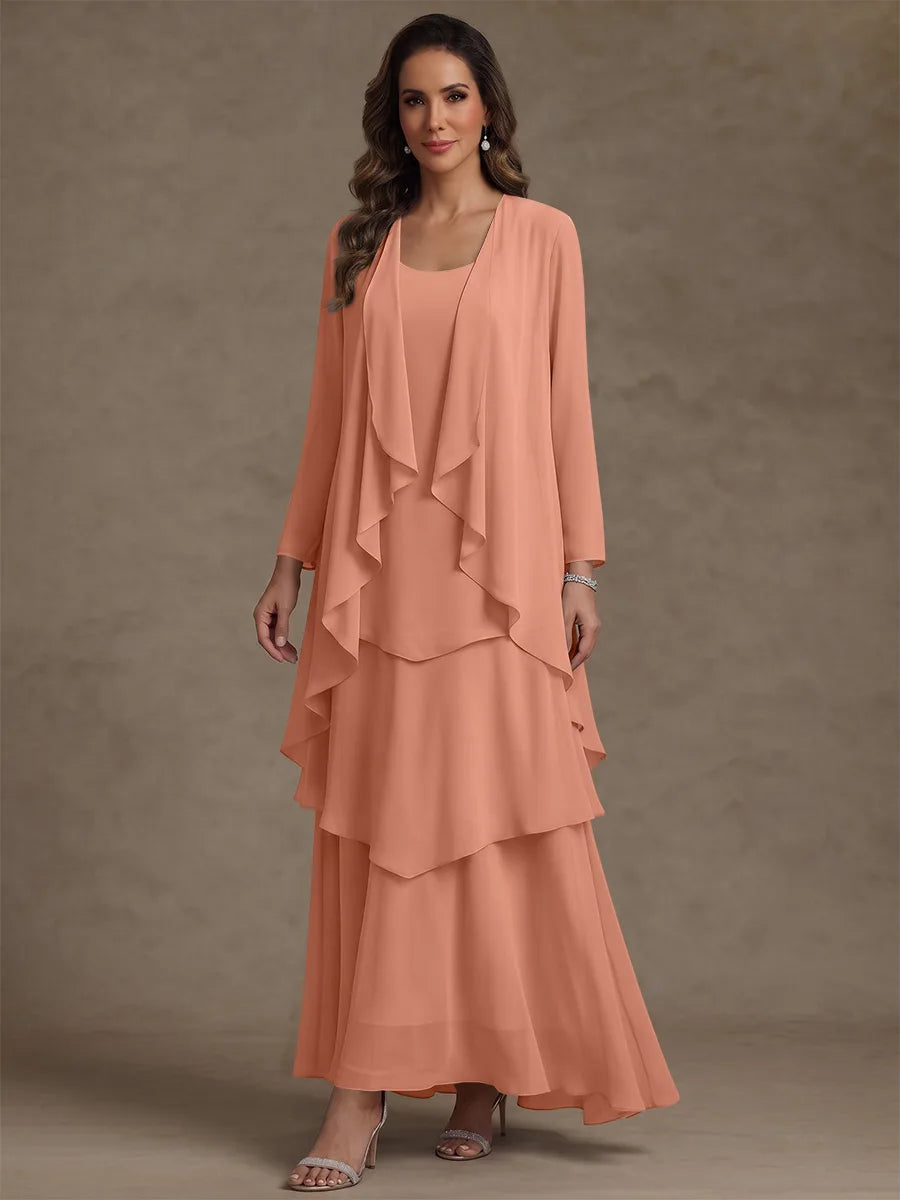A-Line/Princess Scoop Chiffon Mother of the Bride Dresses with Jacket & Ruffles Long Sleeves Ankle-Length