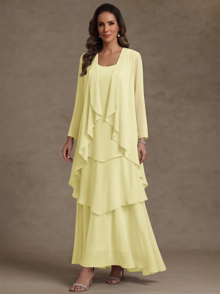 A-Line/Princess Scoop Chiffon Mother of the Bride Dresses with Jacket & Ruffles Long Sleeves Ankle-Length
