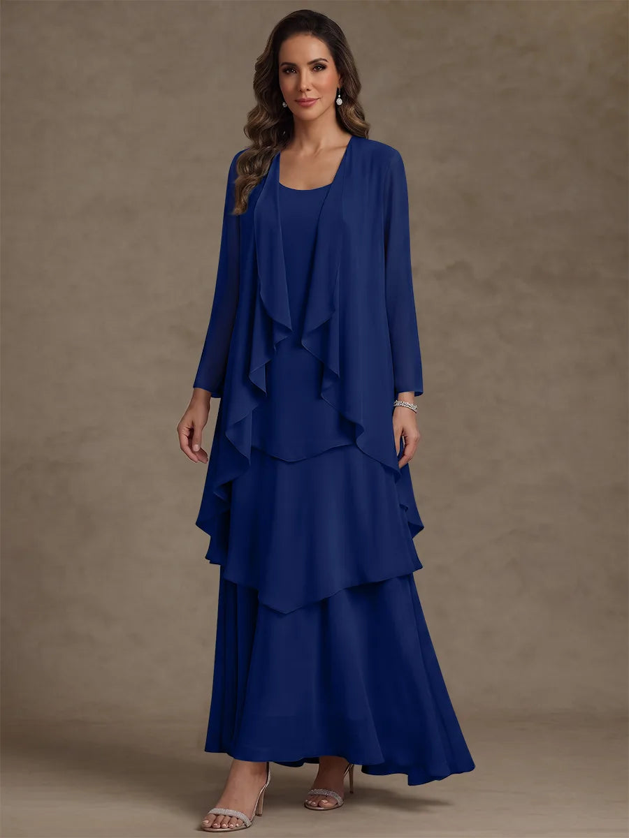 A-Line/Princess Scoop Chiffon Mother of the Bride Dresses with Jacket & Ruffles Long Sleeves Ankle-Length