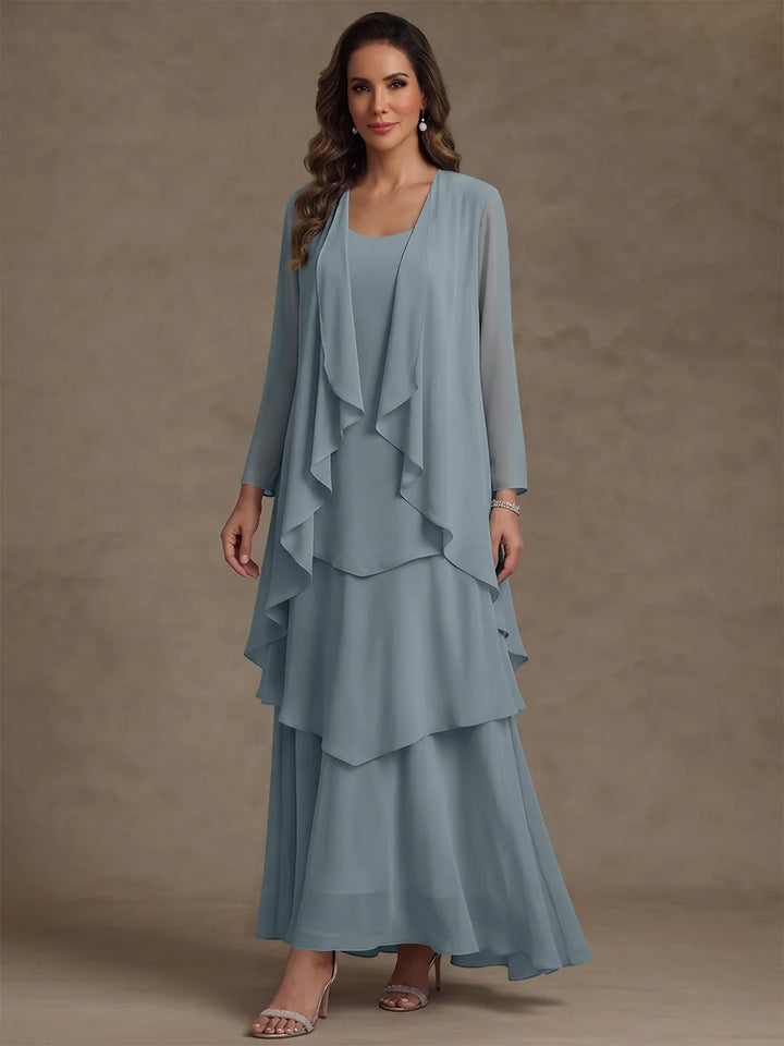 A-Line/Princess Scoop Chiffon Mother of the Bride Dresses with Jacket & Ruffles Long Sleeves Ankle-Length