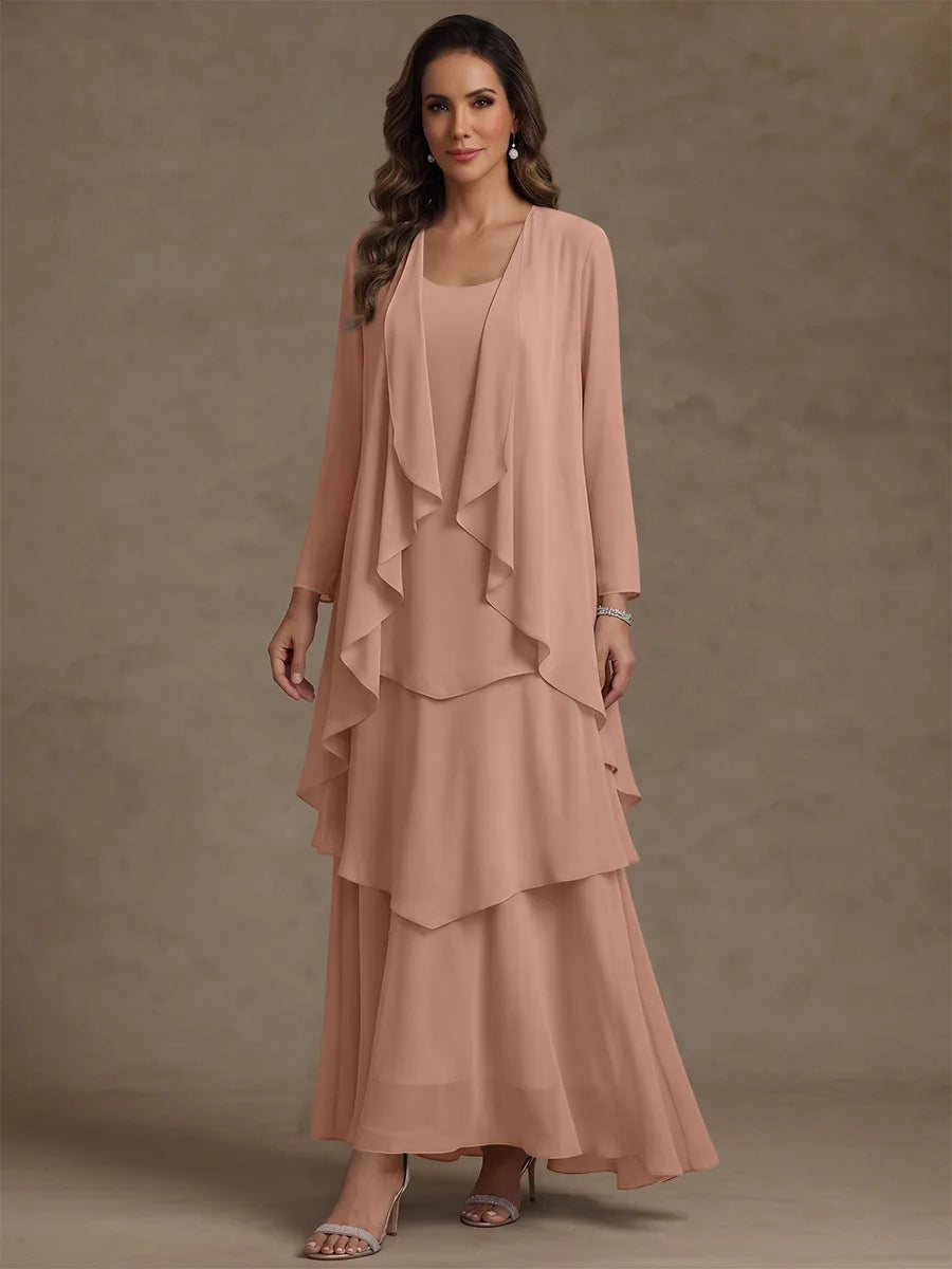 A-Line/Princess Scoop Chiffon Mother of the Bride Dresses with Jacket & Ruffles Long Sleeves Ankle-Length