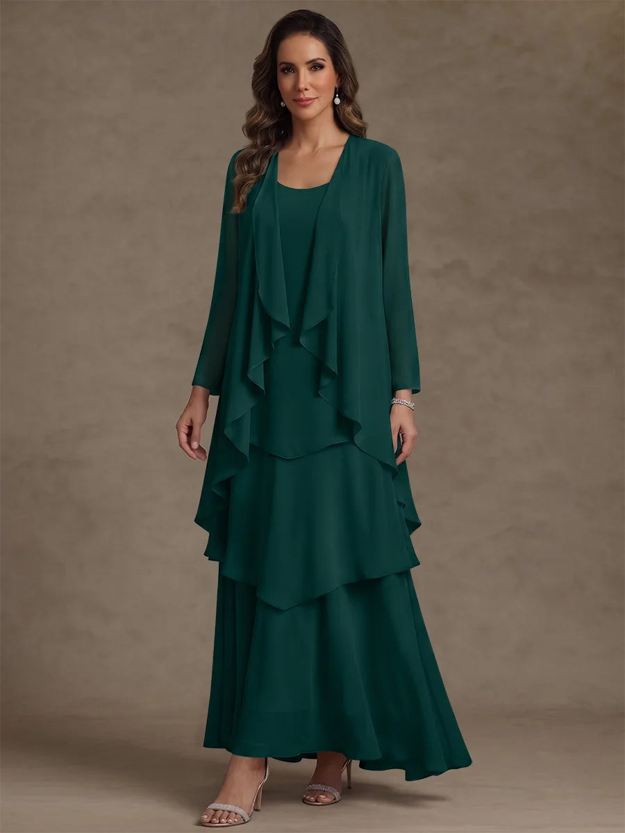 A-Line/Princess Scoop Chiffon Mother of the Bride Dresses with Jacket & Ruffles Long Sleeves Ankle-Length