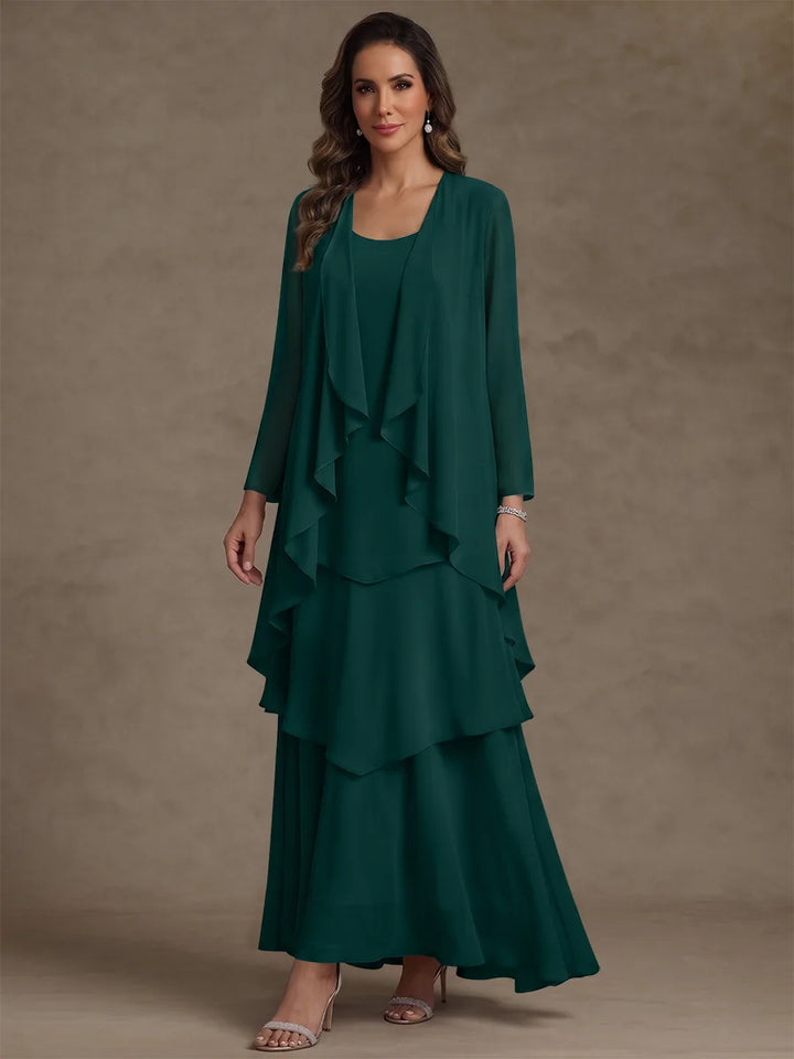 A-Line/Princess Scoop Chiffon Mother of the Bride Dresses with Jacket & Ruffles Long Sleeves Ankle-Length