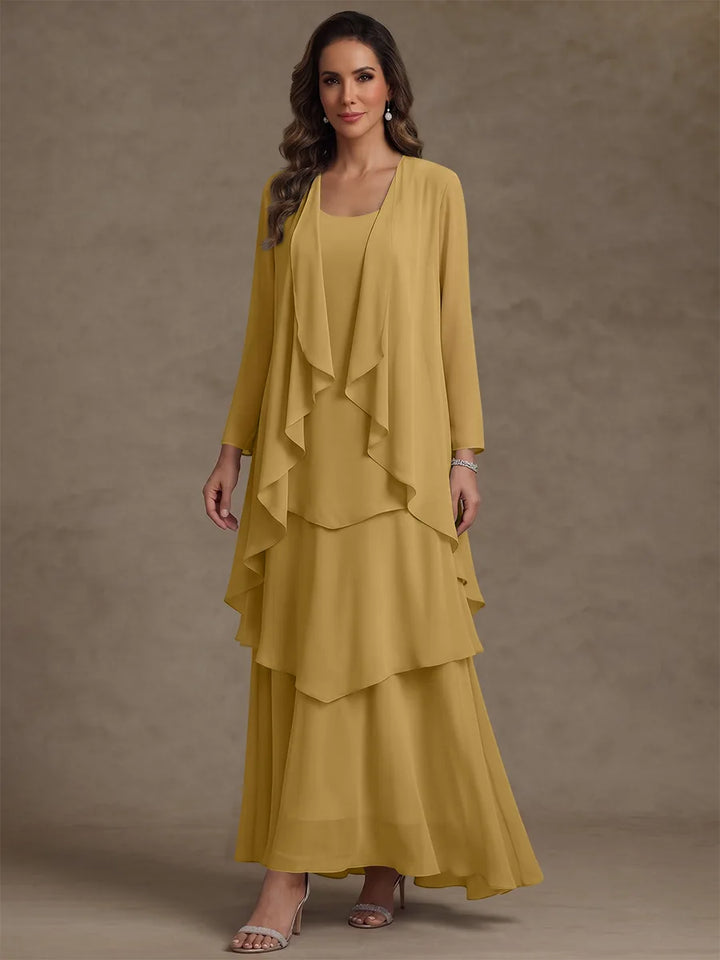 A-Line/Princess Scoop Chiffon Mother of the Bride Dresses with Jacket & Ruffles Long Sleeves Ankle-Length