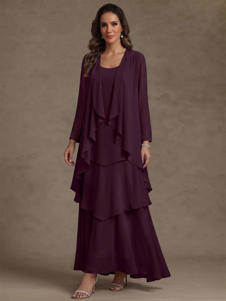 A-Line/Princess Scoop Chiffon Mother of the Bride Dresses with Jacket & Ruffles Long Sleeves Ankle-Length